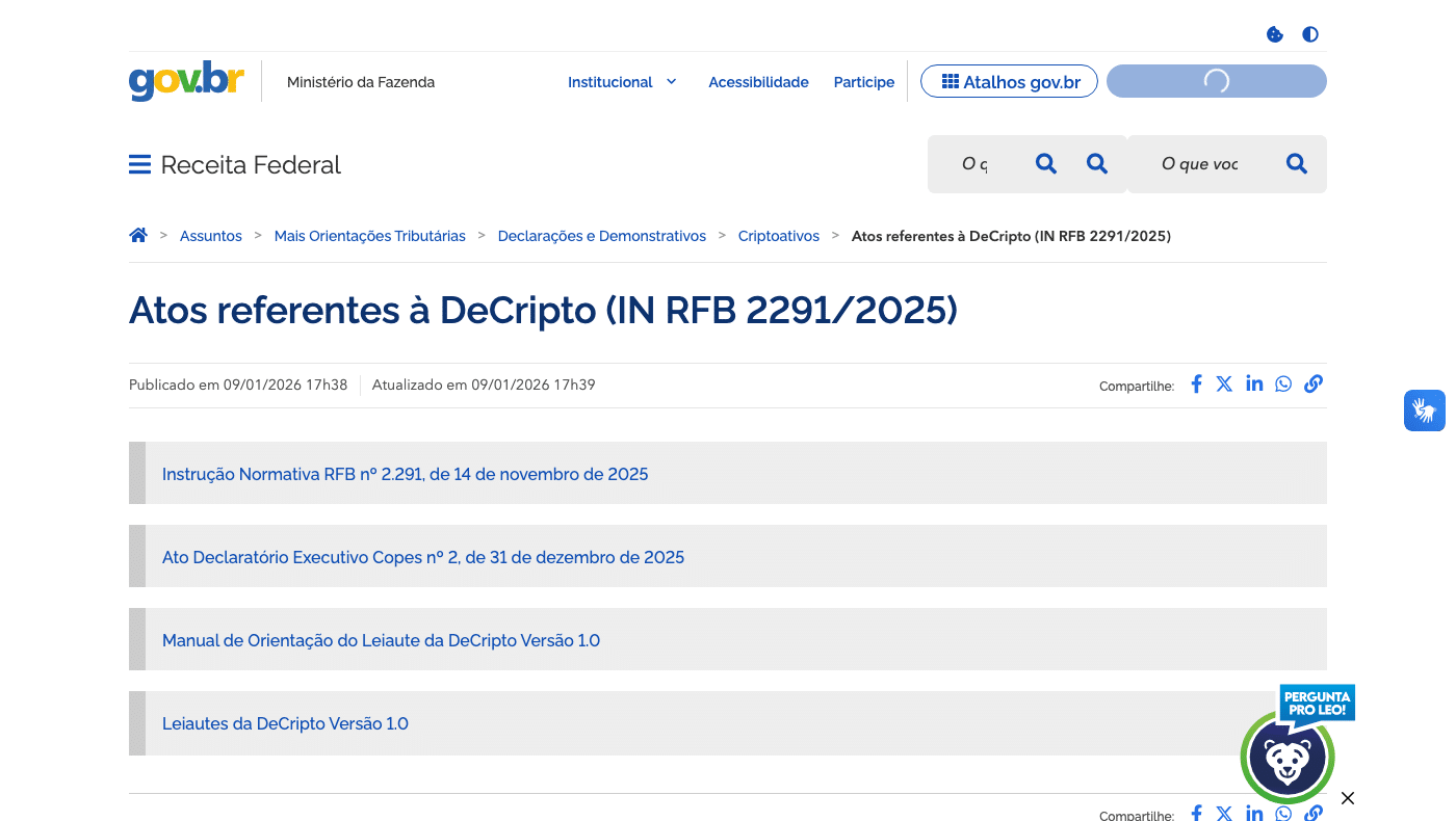 Página oficial da Receita Federal com os atos referentes à DeCripto (IN RFB 2291/2025)
