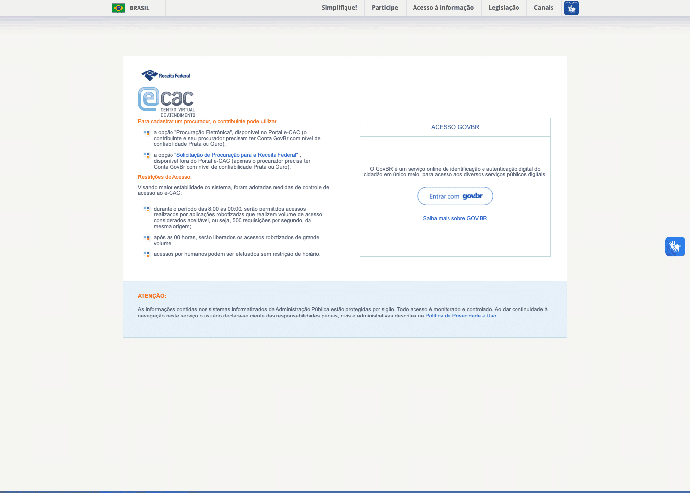Tela de acesso do e-CAC da Receita Federal com login gov.br para entrega da DeCripto