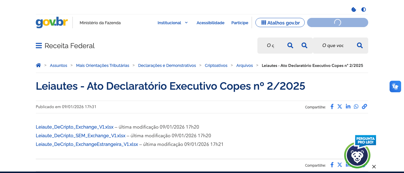 Página da Receita Federal com os três leiautes oficiais da DeCripto do ADE Copes 2/2025