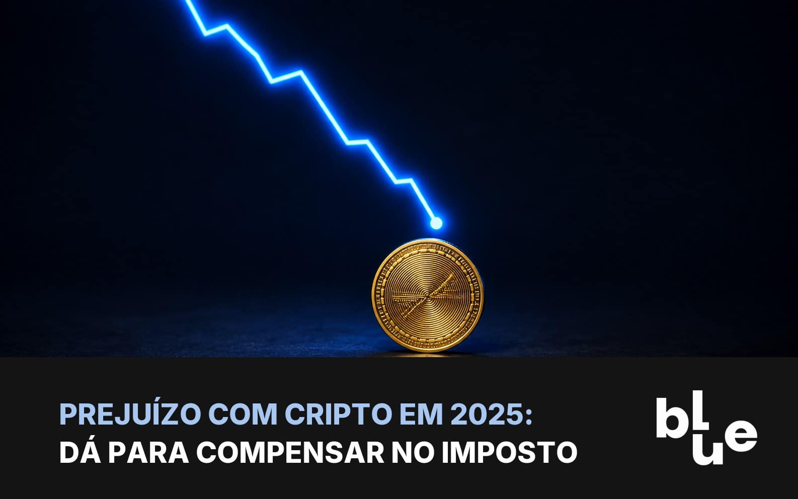 Compensar prejuízo cripto 2025: gráfico em queda com moeda de bitcoin sobre mesa escura