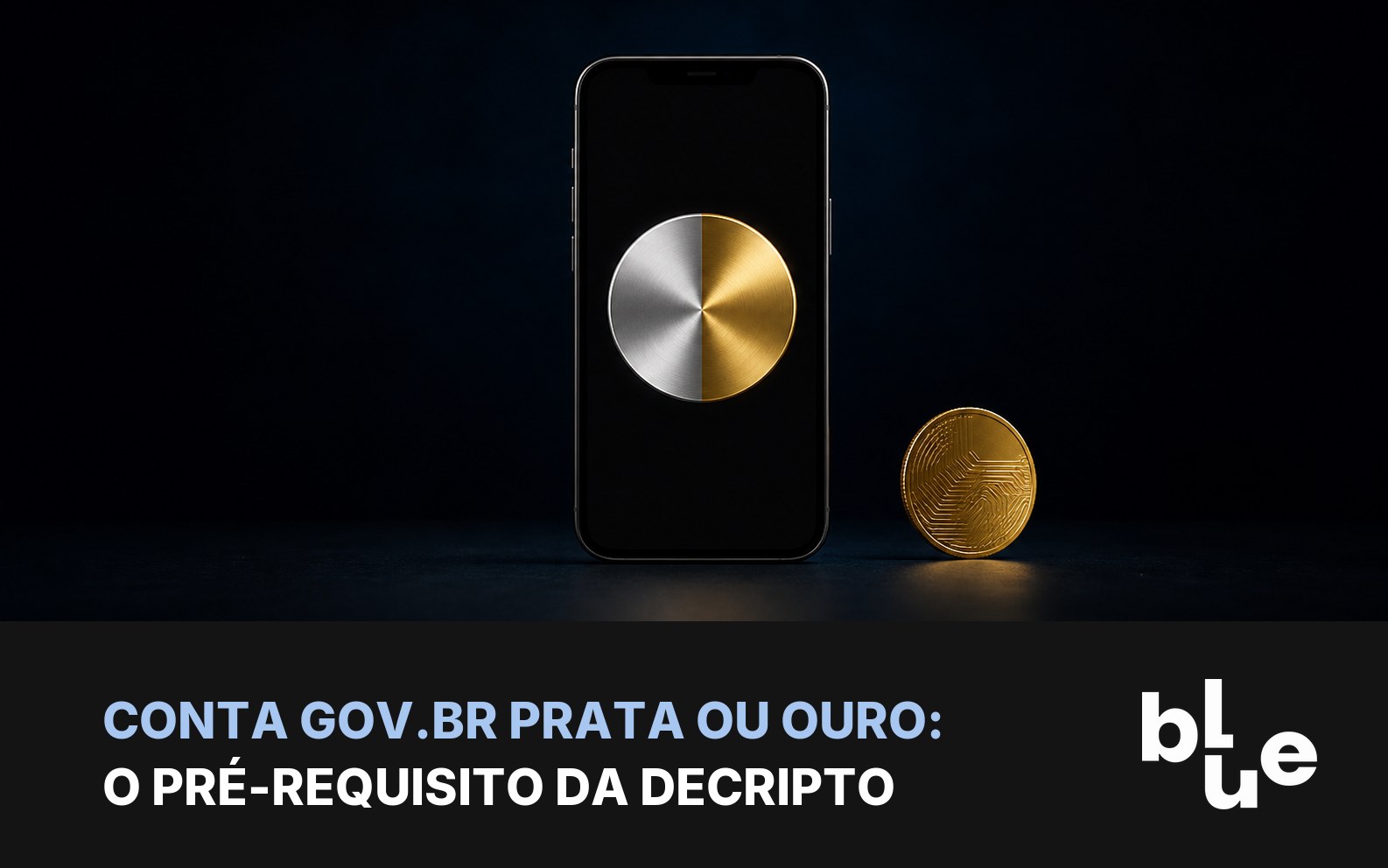 Conta gov.br prata ou ouro: celular com selo metade prata e metade dourado ao lado de uma moeda de bitcoin