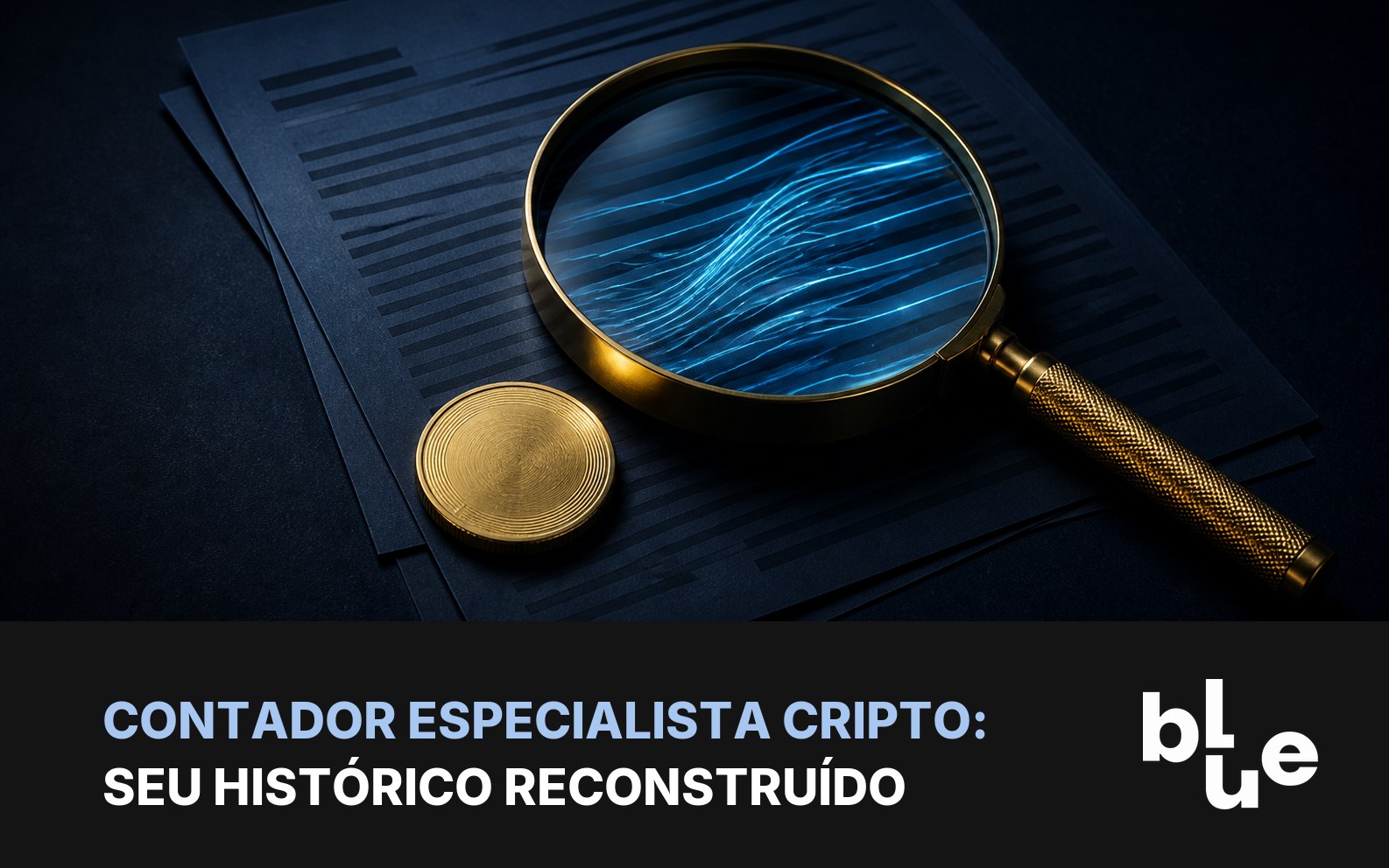 Contador especialista em criptomoedas: lupa dourada sobre extratos revelando o histórico de operações em linhas de luz azul