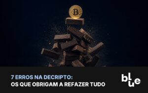 Erros na DeCripto: torre de blocos de madeira desabando com moeda de bitcoin no topo