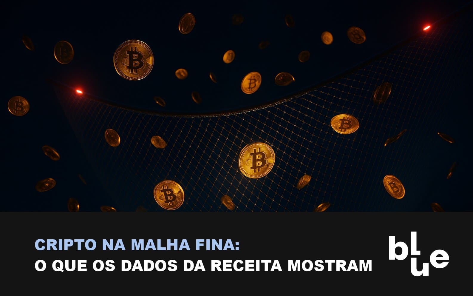 Malha fina cripto: rede luminosa capturando moedas de bitcoin em queda