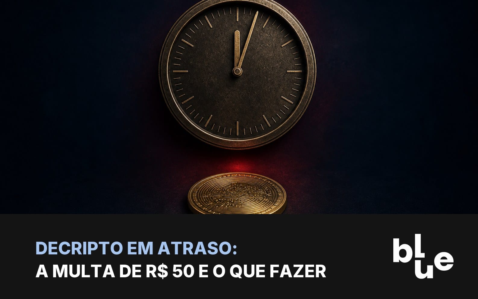 DeCripto em atraso: relógio de metal marcando pouco depois da meia-noite com moeda de bitcoin caída
