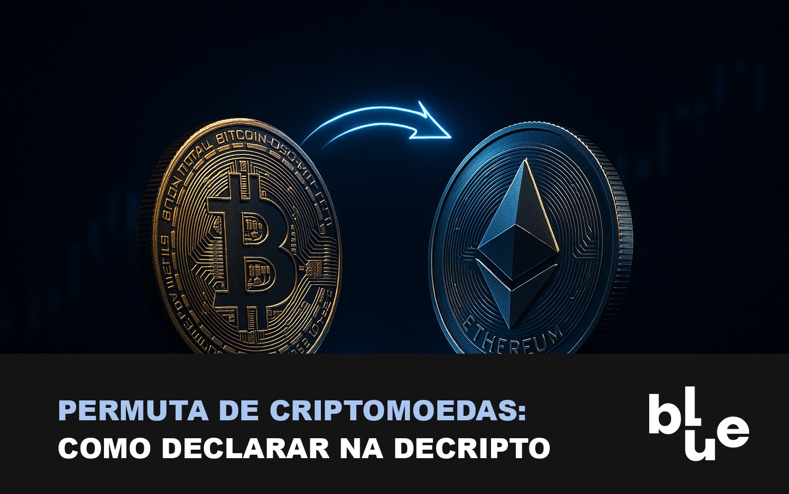 Permuta de criptomoedas: bitcoin e ethereum orbitando conectados por setas de troca luminosas