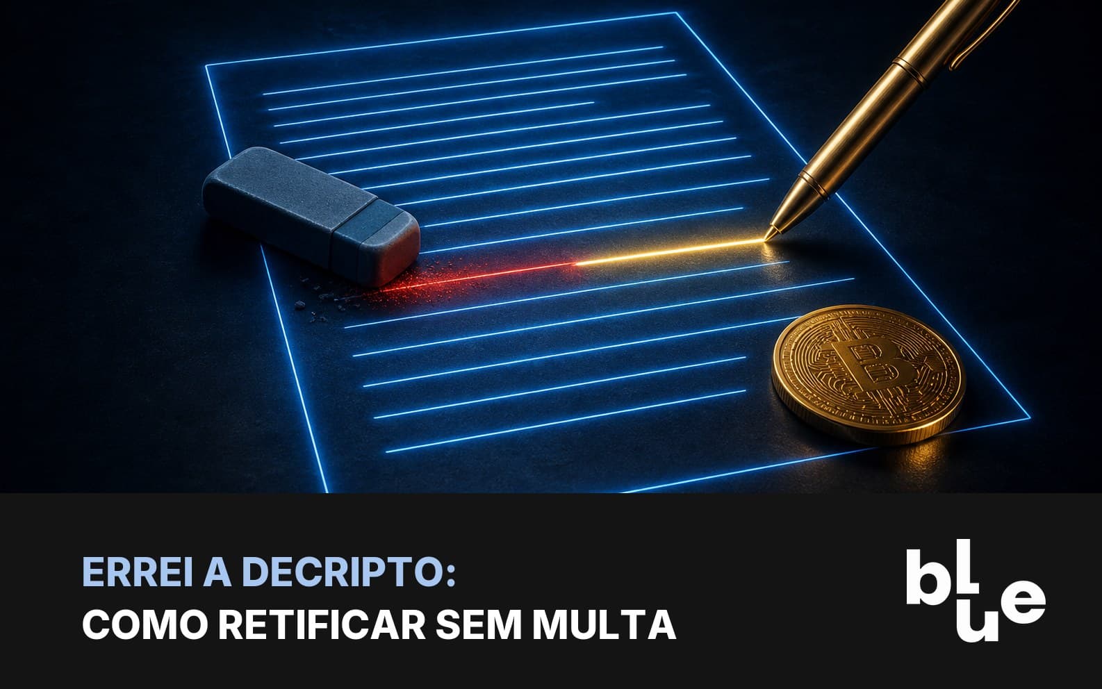 Retificar a DeCripto: documento digital com linha vermelha sendo apagada e reescrita em dourado, moeda de bitcoin ao lado