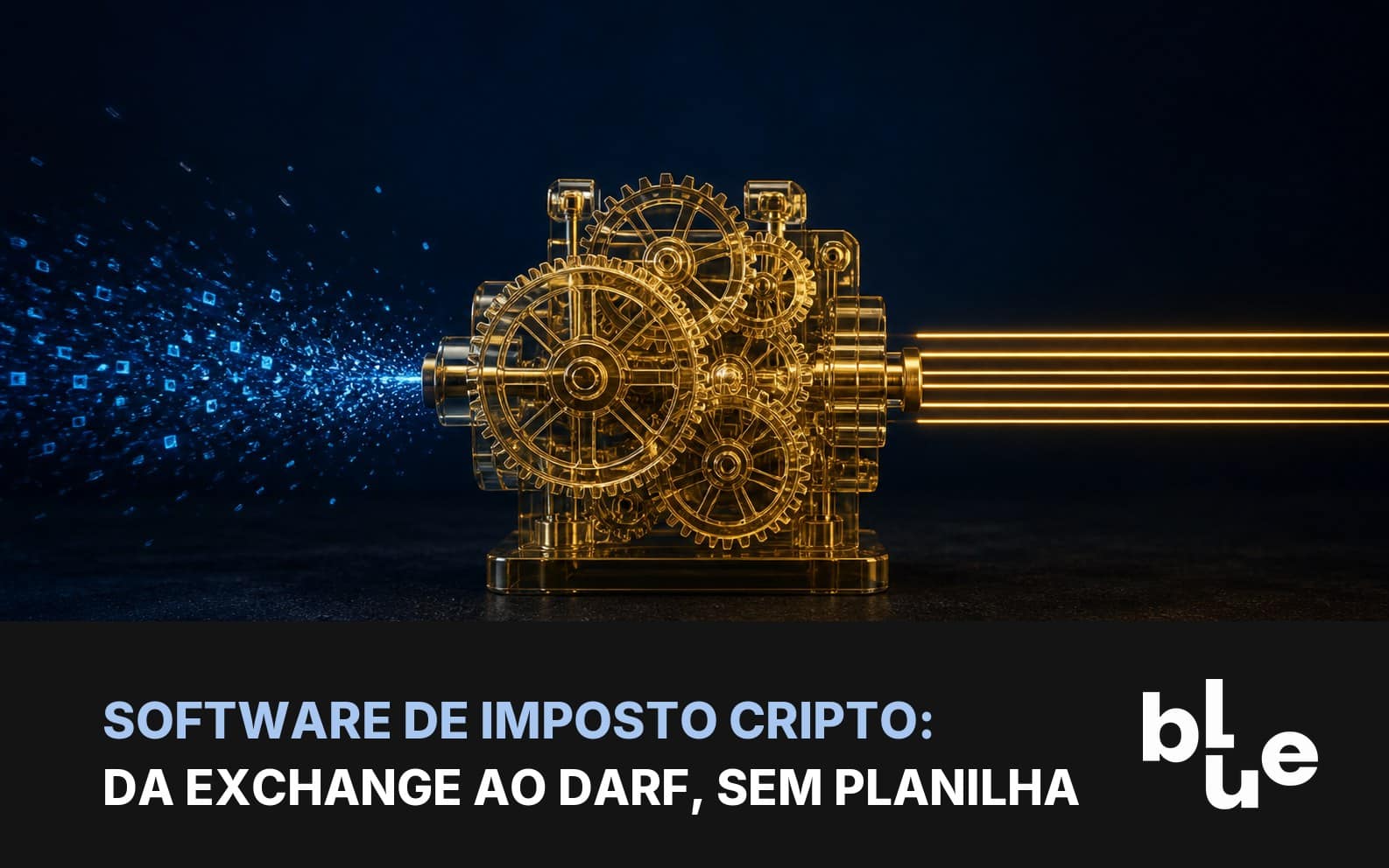 Software de imposto de renda cripto: engrenagens douradas organizando dados de operações em linhas alinhadas