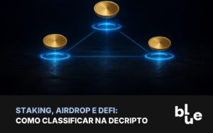 Staking, airdrop e DeFi na DeCripto: três moedas douradas conectadas por anéis de luz azul