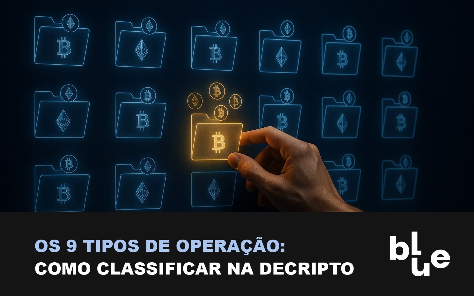 Tipos de operação da DeCripto: grade de pastas digitais com criptomoedas sendo classificadas