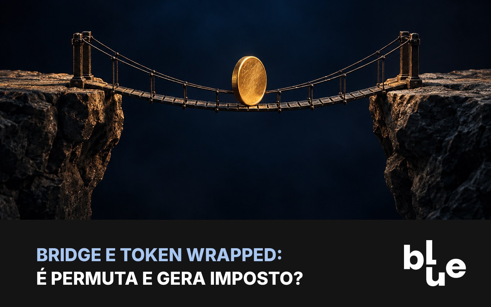 Ponte suspensa em miniatura com moeda dourada atravessando: bridge e token wrapped no imposto