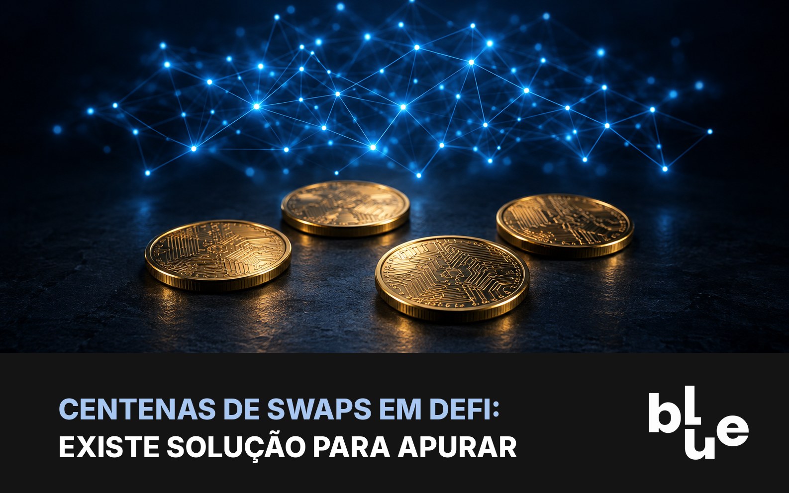 Swaps em DeFi e imposto: rede de conexões entre tokens em tela escura com moedas de cripto