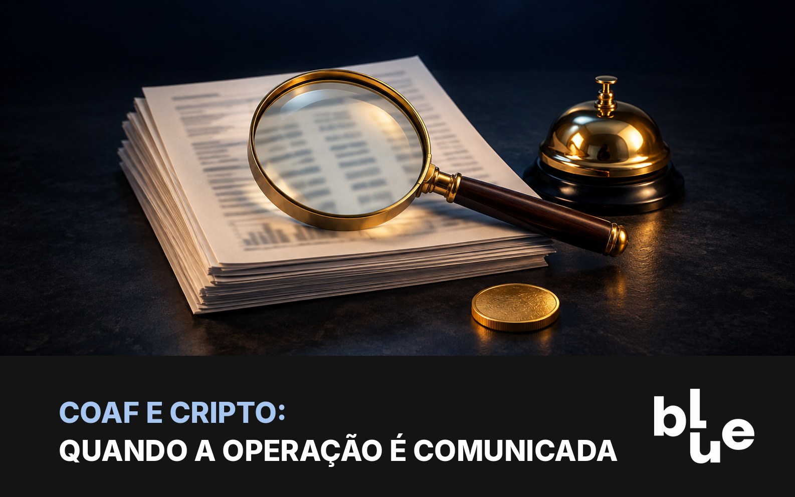 Lupa sobre extratos com sino de balcão e moeda dourada: Coaf e operações com cripto