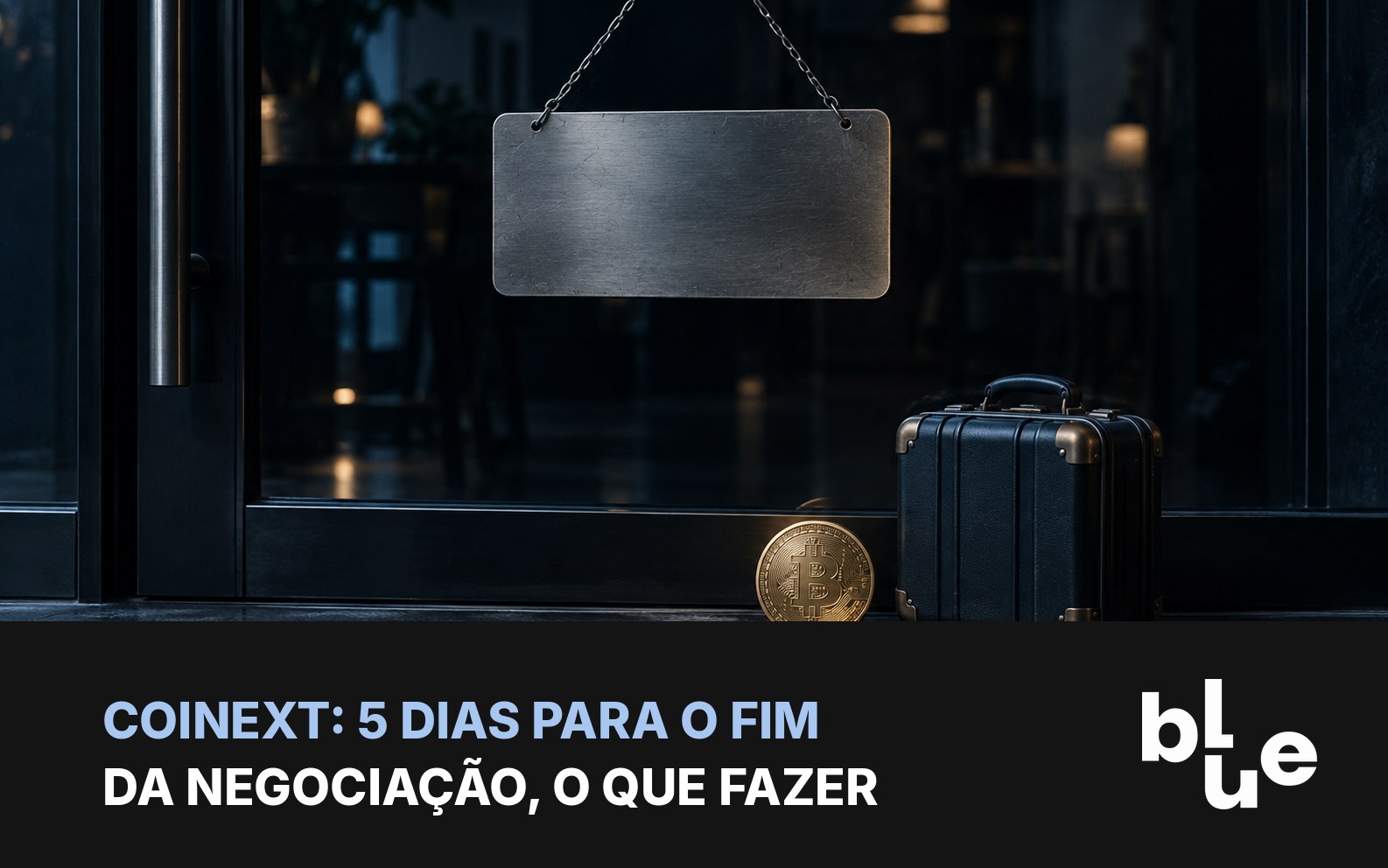 Placa de metal em porta de vidro com mala e moeda de bitcoin: Coinext encerra a negociação