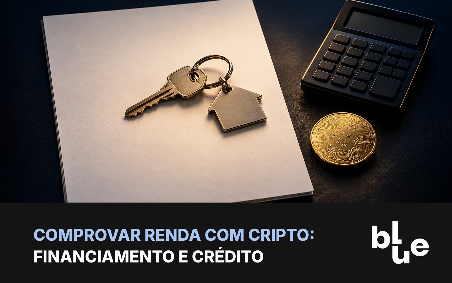 Chave de casa sobre contrato bancário com calculadora e moeda de bitcoin: comprovar renda com cripto