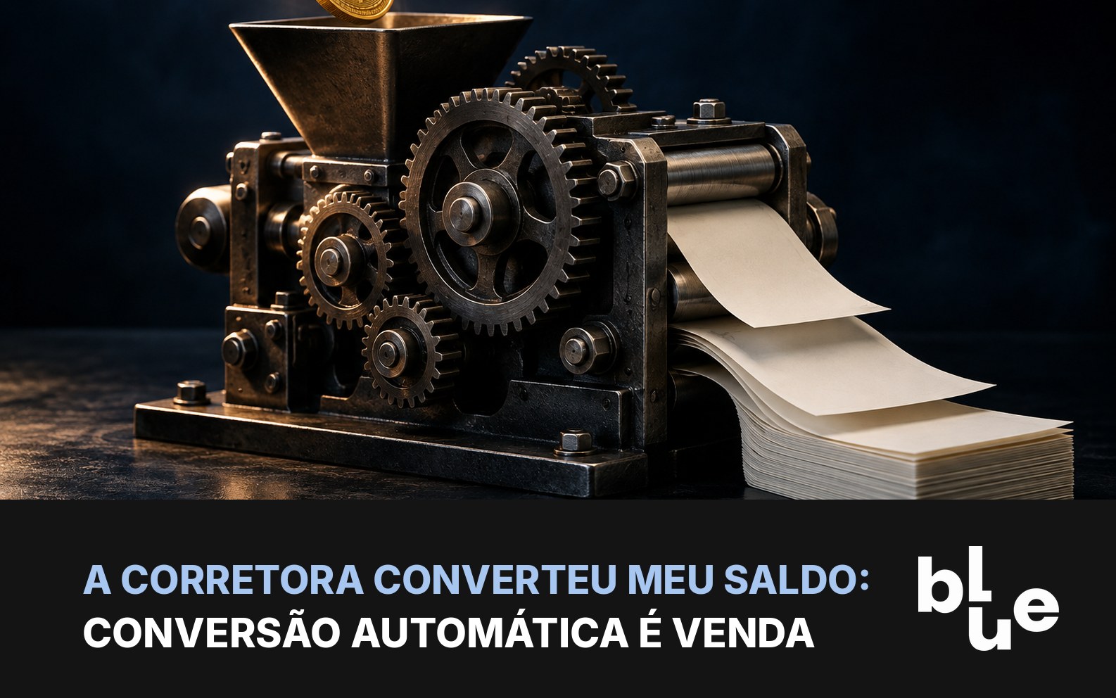 Moeda de bitcoin entrando em máquina de engrenagens e saindo como cédulas: conversão automática é venda