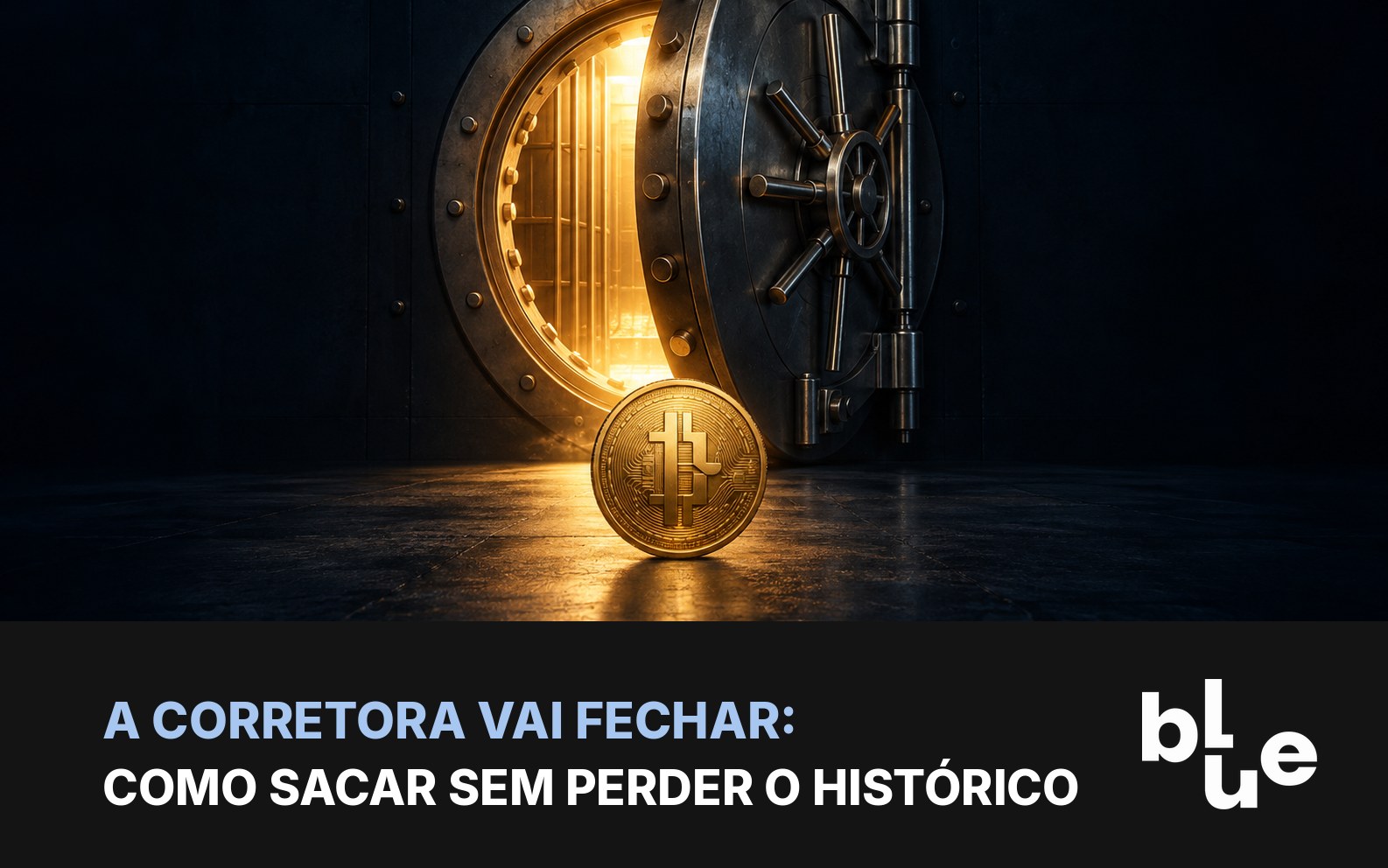 Porta de cofre entreaberta com moeda de bitcoin à frente: sacar da corretora que vai fechar