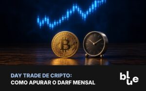 Day trade de cripto e DARF mensal: gráfico de velas em tela com moeda de bitcoin e calendário