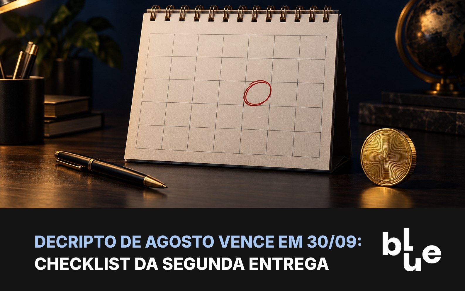 DeCripto de agosto: calendário com marcação e moeda de bitcoin sobre mesa de escritório escura