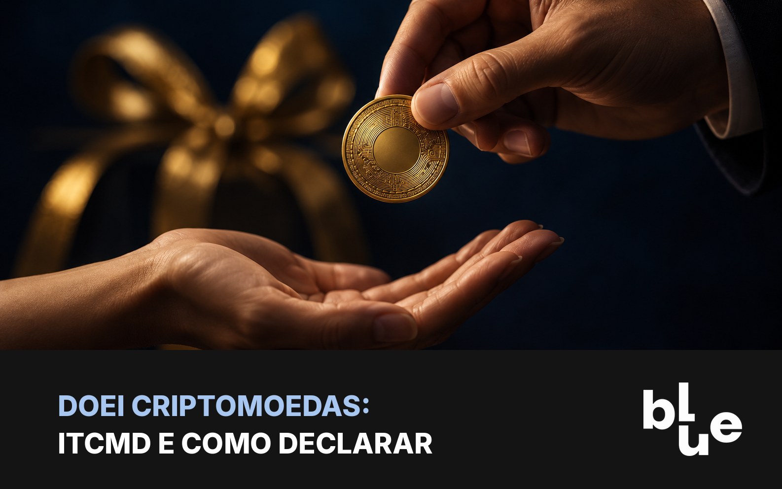 Doação de criptomoedas: mão entregando moeda de bitcoin a outra, com laço de presente ao fundo