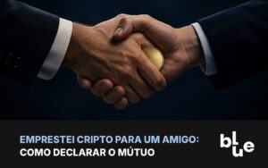 Emprestar cripto: aperto de mãos com moeda de bitcoin passando entre elas em fundo escuro