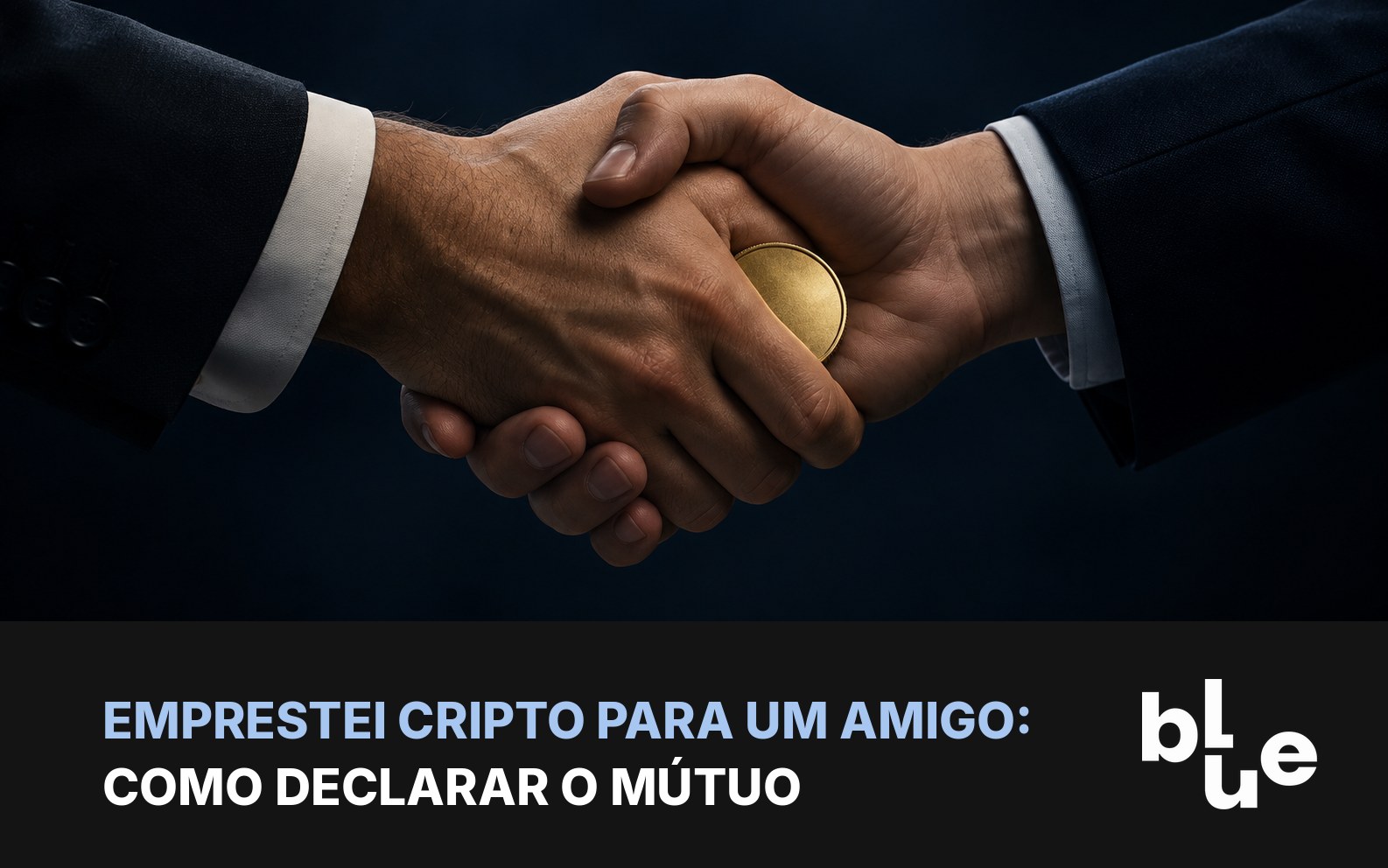 Emprestar cripto: aperto de mãos com moeda de bitcoin passando entre elas em fundo escuro