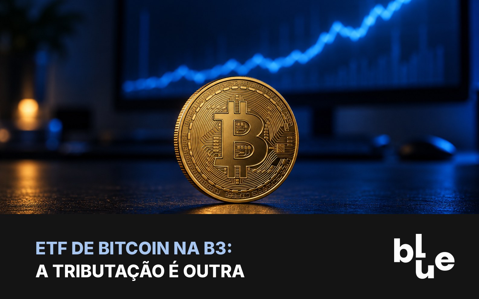 ETF de bitcoin na B3: tela de home broker com gráfico e moeda de bitcoin sobre a mesa
