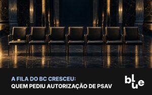 Fileira de cadeiras em corredor de mármore com moeda dourada: fila de pedidos de PSAV no Banco Central