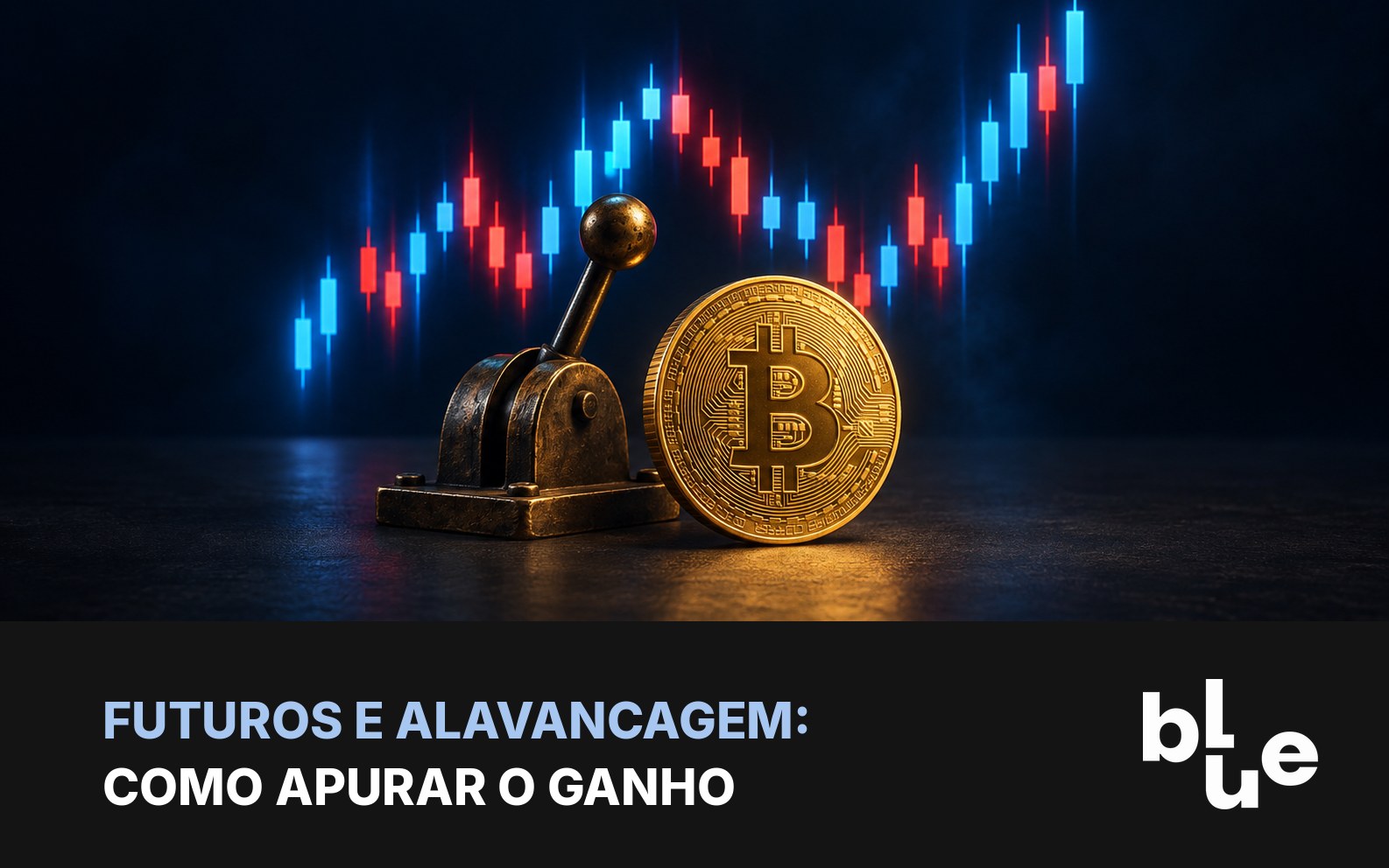 Futuros de cripto e imposto: gráfico de alavancagem em tela escura com moeda de bitcoin