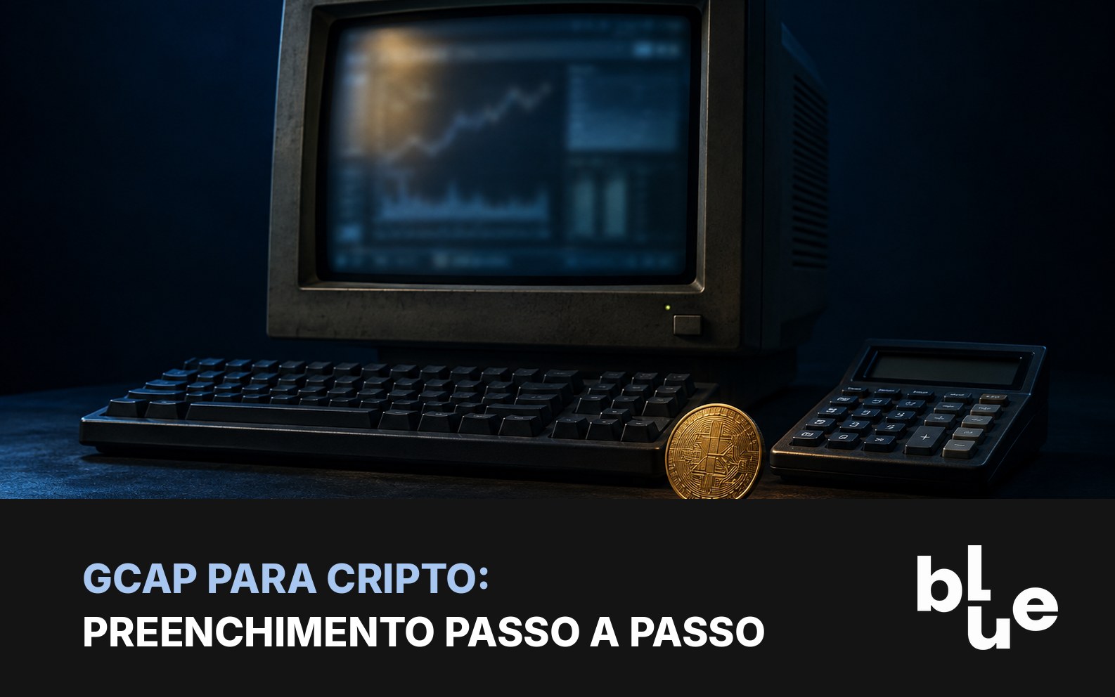 GCAP para cripto: tela de programa de computador com calculadora e moeda de bitcoin