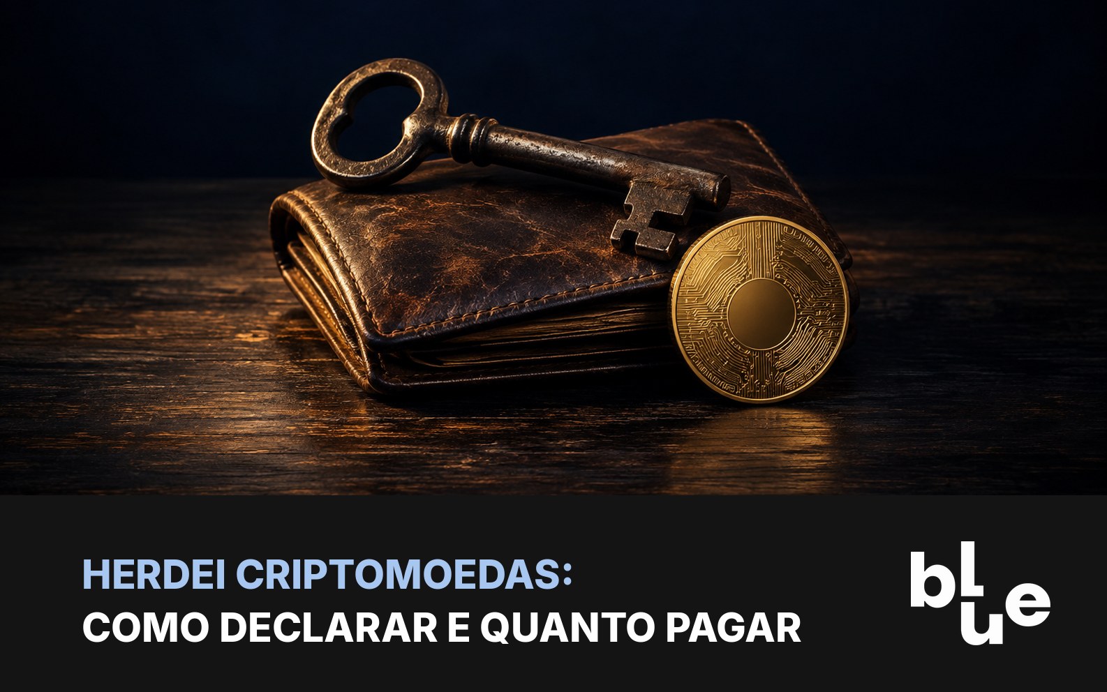 Herança de criptomoedas: chave antiga sobre carteira de hardware e moeda de bitcoin em mesa escura