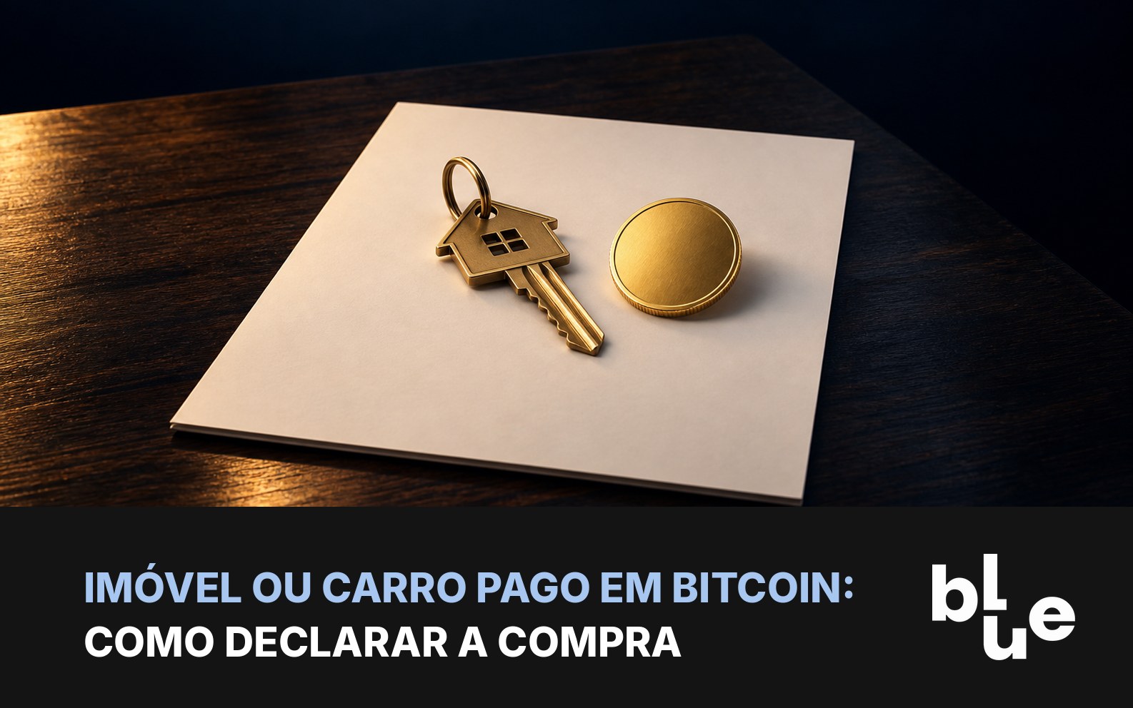 Pagar imóvel com bitcoin: chave de casa e moeda de bitcoin sobre escritura em mesa escura