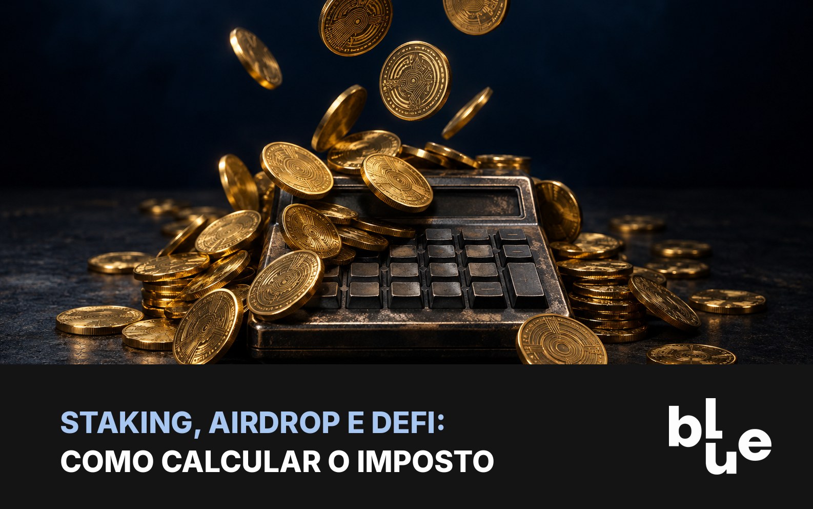Imposto de staking, airdrop e DeFi: moedas de criptoativos caindo sobre calculadora em mesa escura