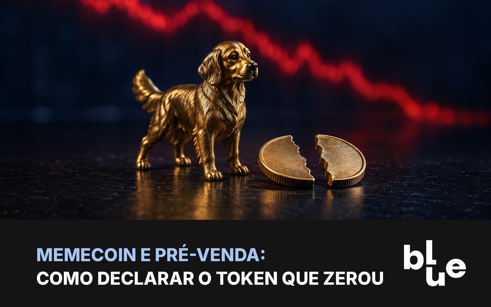 Cachorro de brinquedo dourado e moeda rachada com gráfico em queda: como declarar memecoin