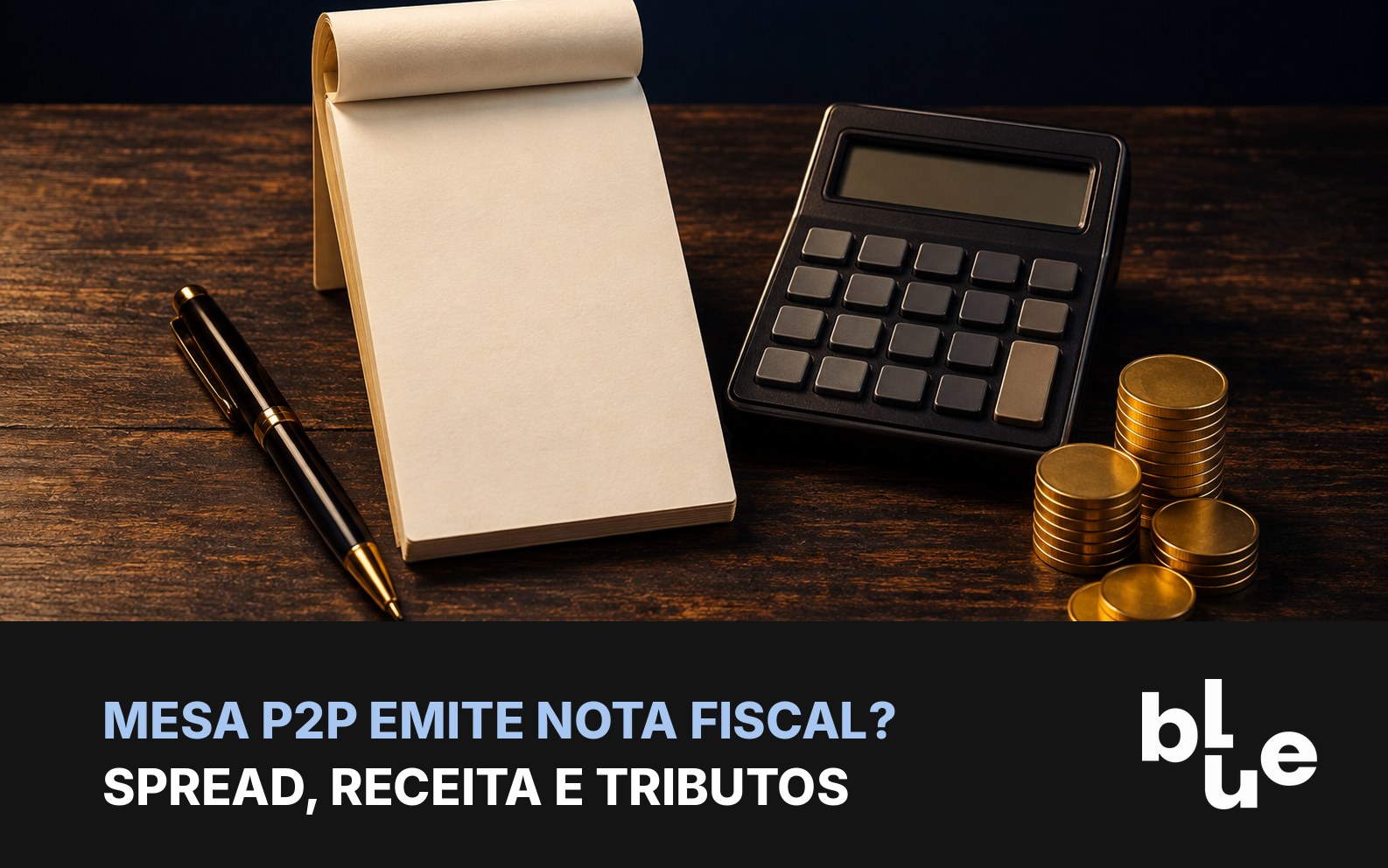 Bloco de notas fiscais, calculadora e pilha de moedas douradas: mesa P2P emite nota fiscal