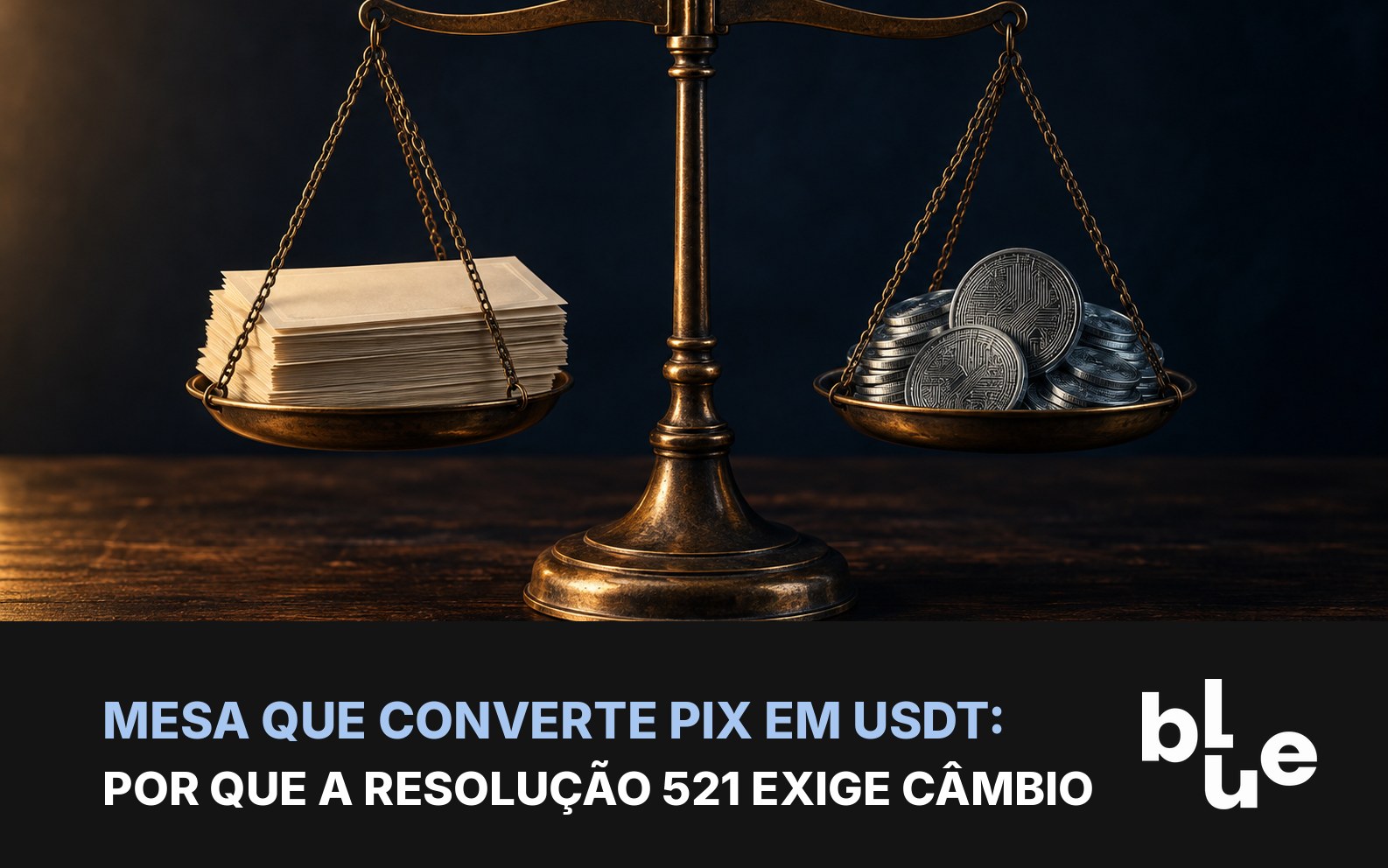 Balança de câmbio com cédulas e moedas de criptomoeda: mesa de Pix para USDT e a Resolução BCB 521