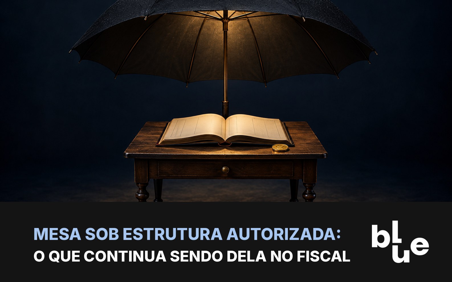 Guarda-chuva preto sobre mesa com livro contábil e moeda dourada: mesa P2P sob estrutura autorizada