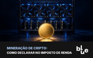 Mineração de cripto e Imposto de Renda: placas de mineração em rack com moeda de bitcoin iluminada