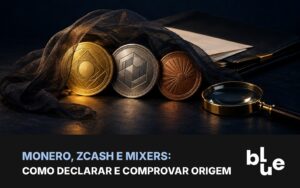 Moedas de criptomoeda sob véu escuro com pasta de documentos e lupa: como declarar Monero e Zcash