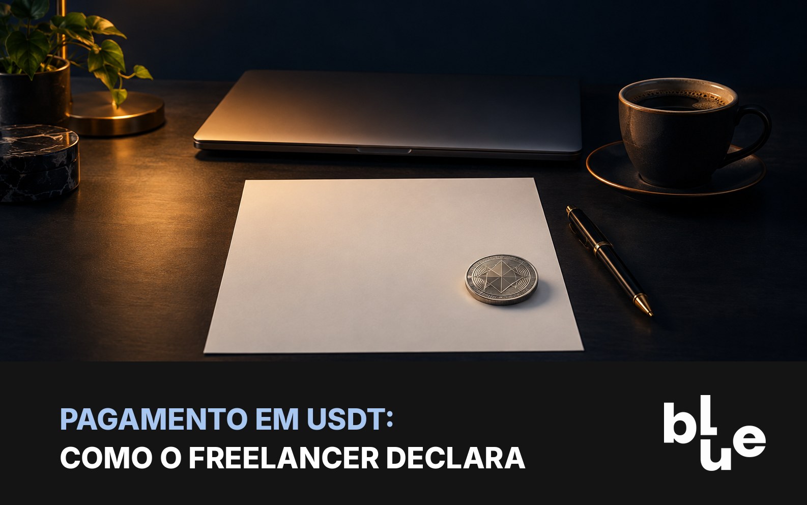 Pagamento em USDT para freelancer: notebook com moeda de USDT e fatura sobre mesa de trabalho