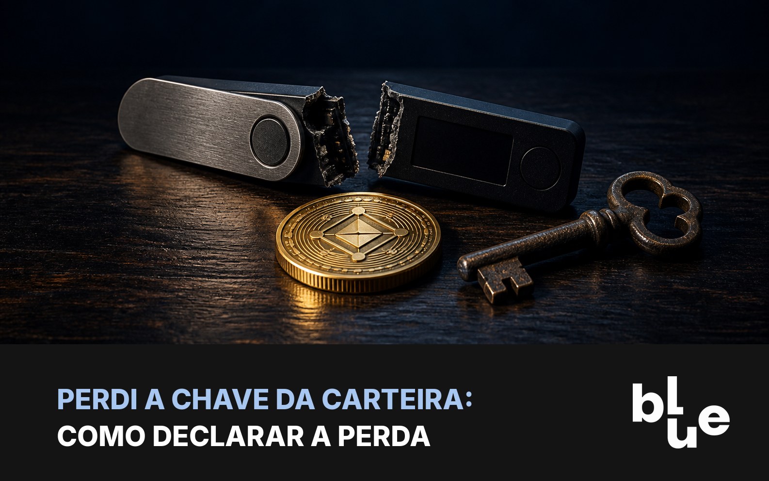 Perda de chave da carteira: carteira de hardware quebrada e chave antiga sobre mesa escura