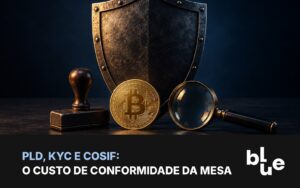 Escudo de metal com carimbo, lupa e moeda de bitcoin: conformidade PLD, KYC e Cosif de PSAV