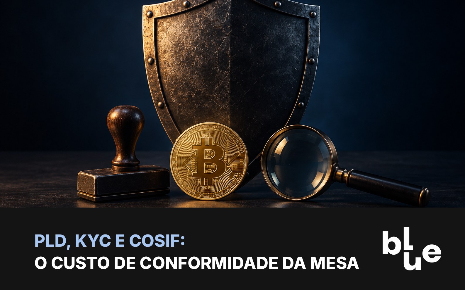 Escudo de metal com carimbo, lupa e moeda de bitcoin: conformidade PLD, KYC e Cosif de PSAV