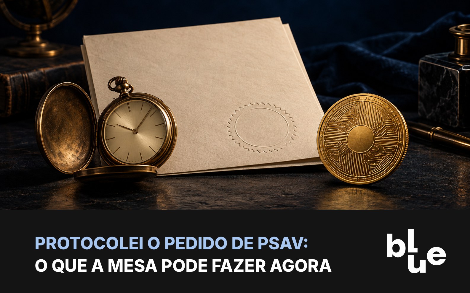 Protocolo de papel com selo e relógio de bolso, moeda de bitcoin ao lado: pedido de PSAV em análise