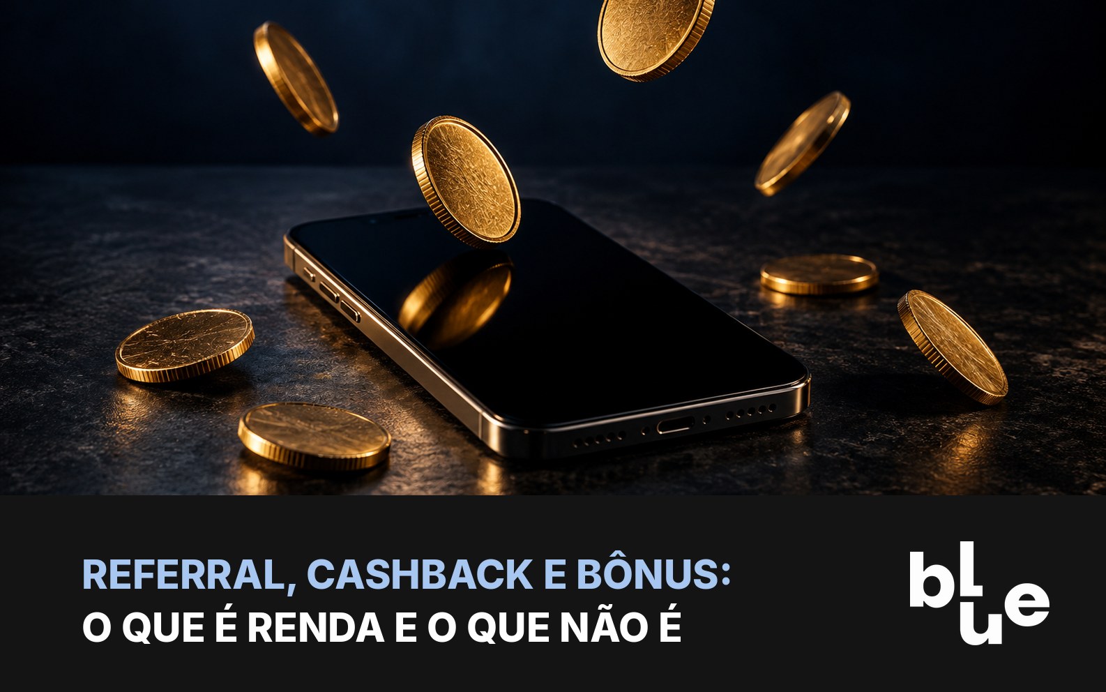 Referral e cashback de exchange: moedas douradas caindo sobre celular com aplicativo aberto
