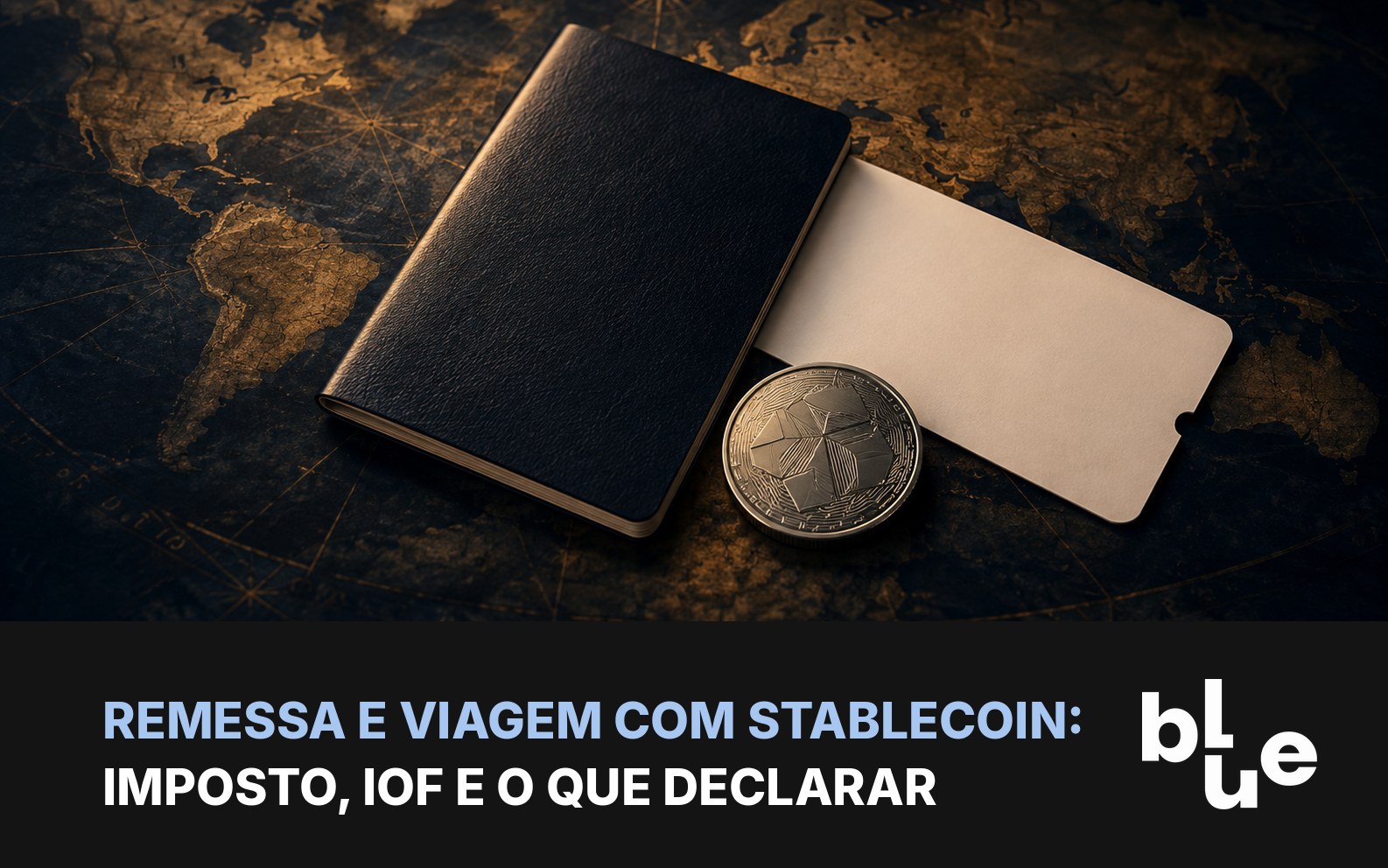 Stablecoin em viagem: passaporte, cartão e moeda de USDT prateada sobre mapa escuro