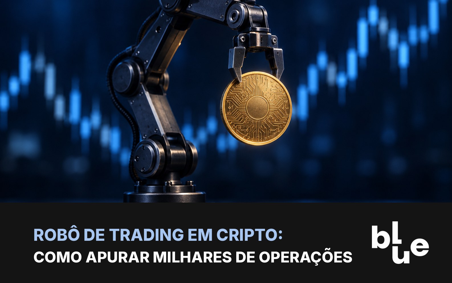 Braço robótico segurando moeda de bitcoin com gráficos ao fundo: robô de trading e imposto