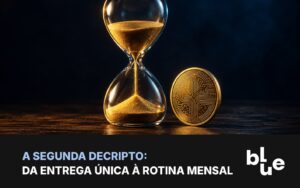 Segunda DeCripto: calendário mensal com marcações e moeda de bitcoin sobre mesa de escritório