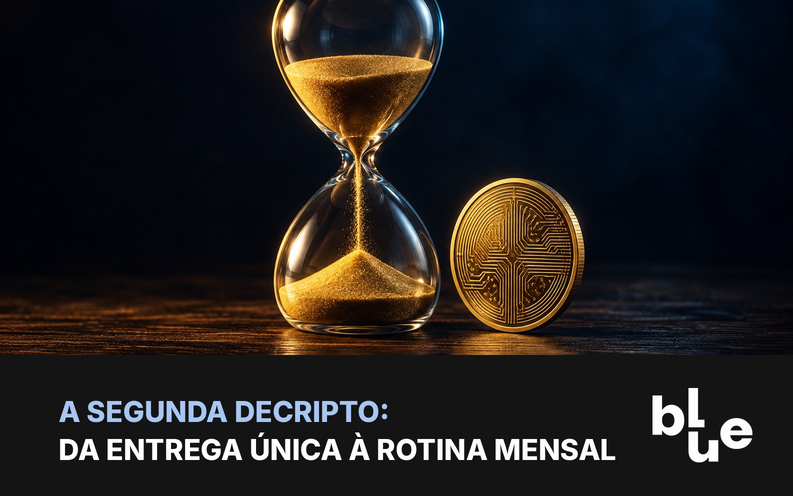 Segunda DeCripto: calendário mensal com marcações e moeda de bitcoin sobre mesa de escritório