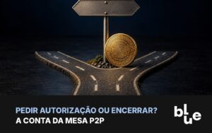 Bifurcação de estrada em miniatura com placa e moeda de bitcoin: pedir autorização ou encerrar a mesa